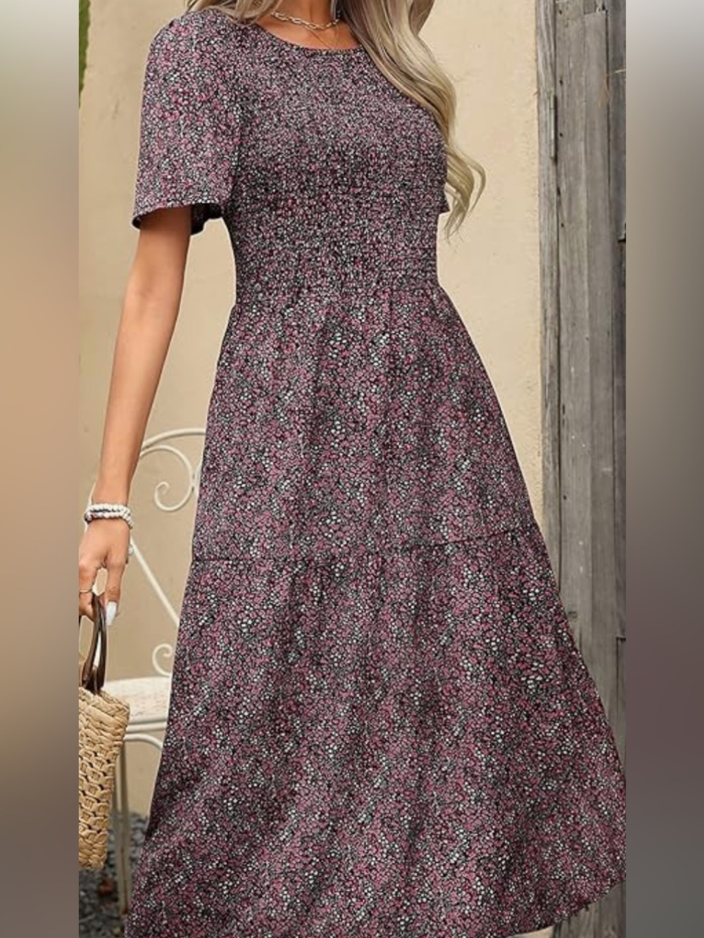 Women’s Ellakoko Floral print Short Sleeve Smocked Summer Midi Dress - Picture 6 of 9
